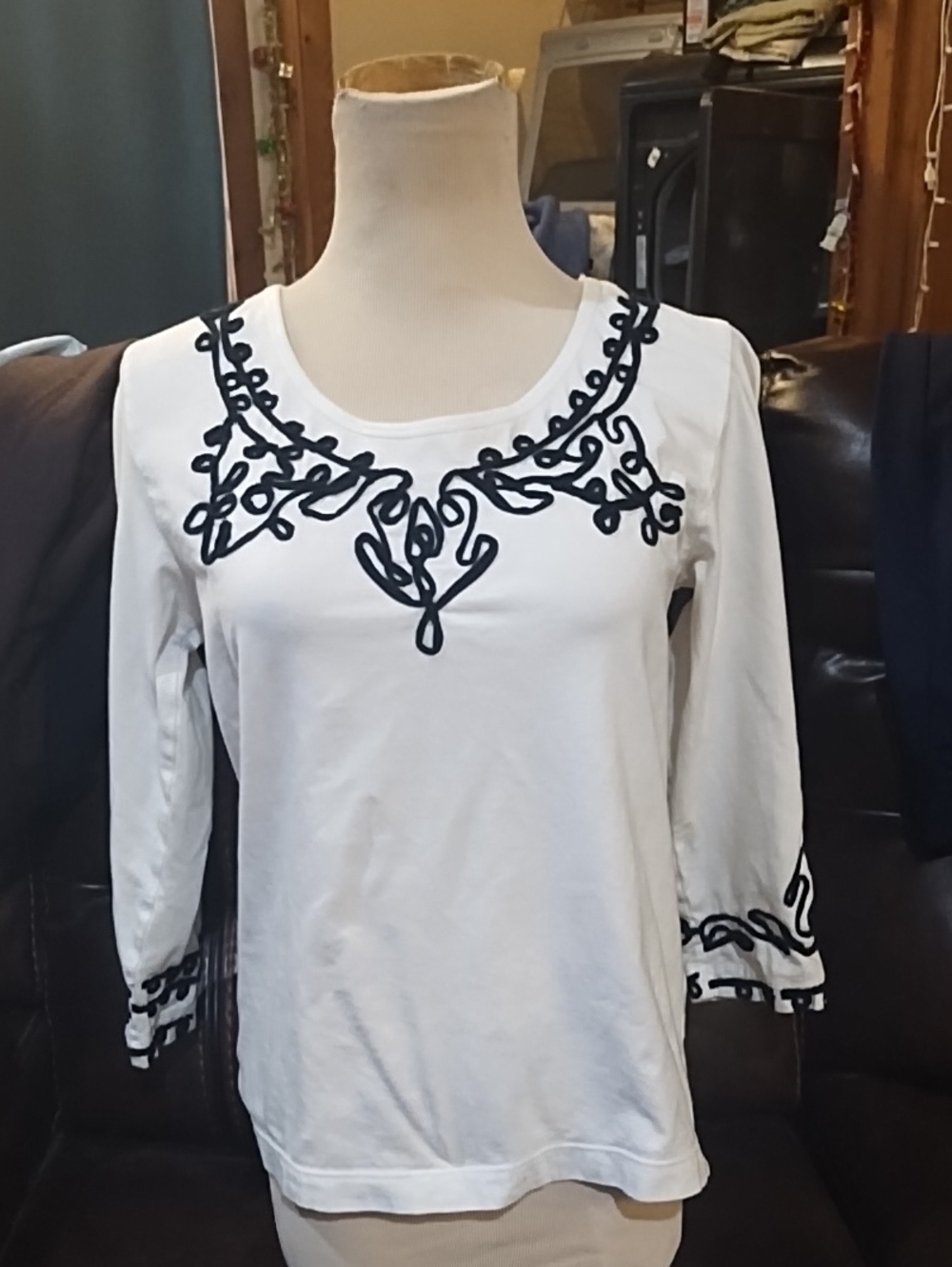 Chico's White Long Sleeve Scoop Neck Top with Black Embroidery